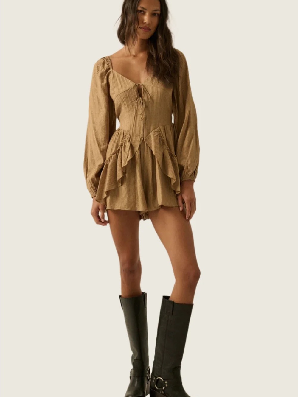 VICI Women’s Large Flowy Long-Sleeve Peasant Romper – Textured Stripe Ruffle